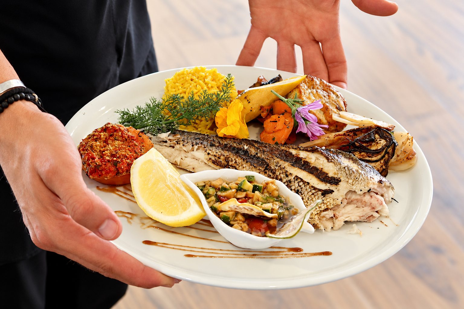 Une personne tient une assiette blanche garnie d'un filet de poisson grillé, de riz safrané, de légumes rôtis, d'un quartier de citron et d'une petite sauce.