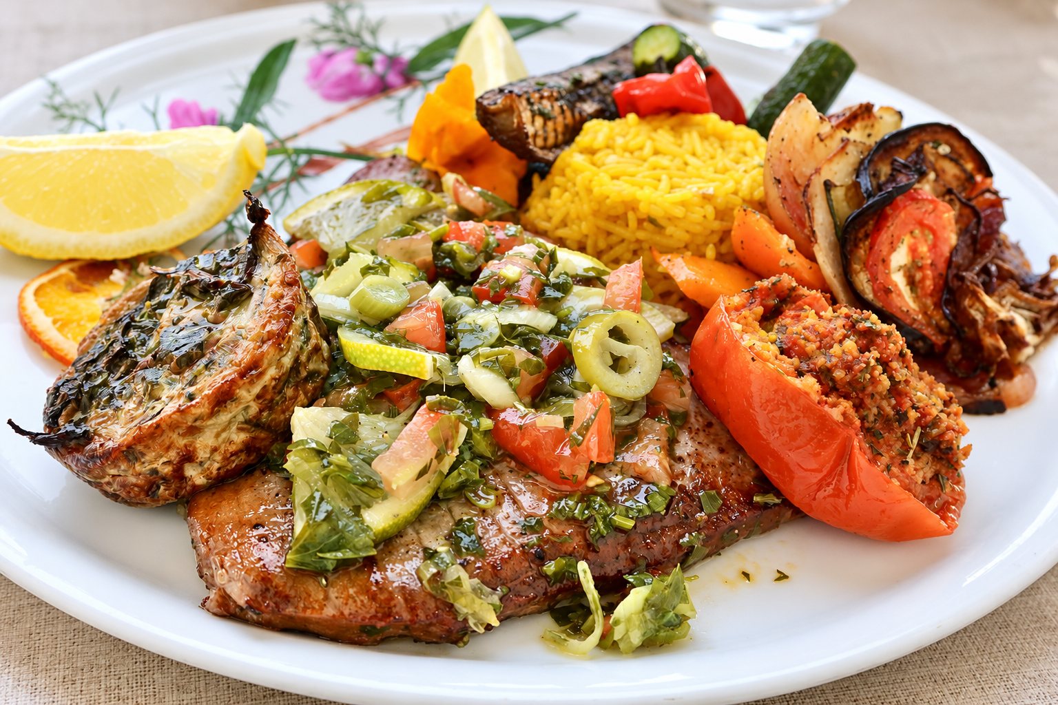 Une assiette blanche garnie d'une viande grillée nappée de sauce aux herbes et olives, accompagnée de tomate farcie, légumes rôtis, riz jaune et citron.