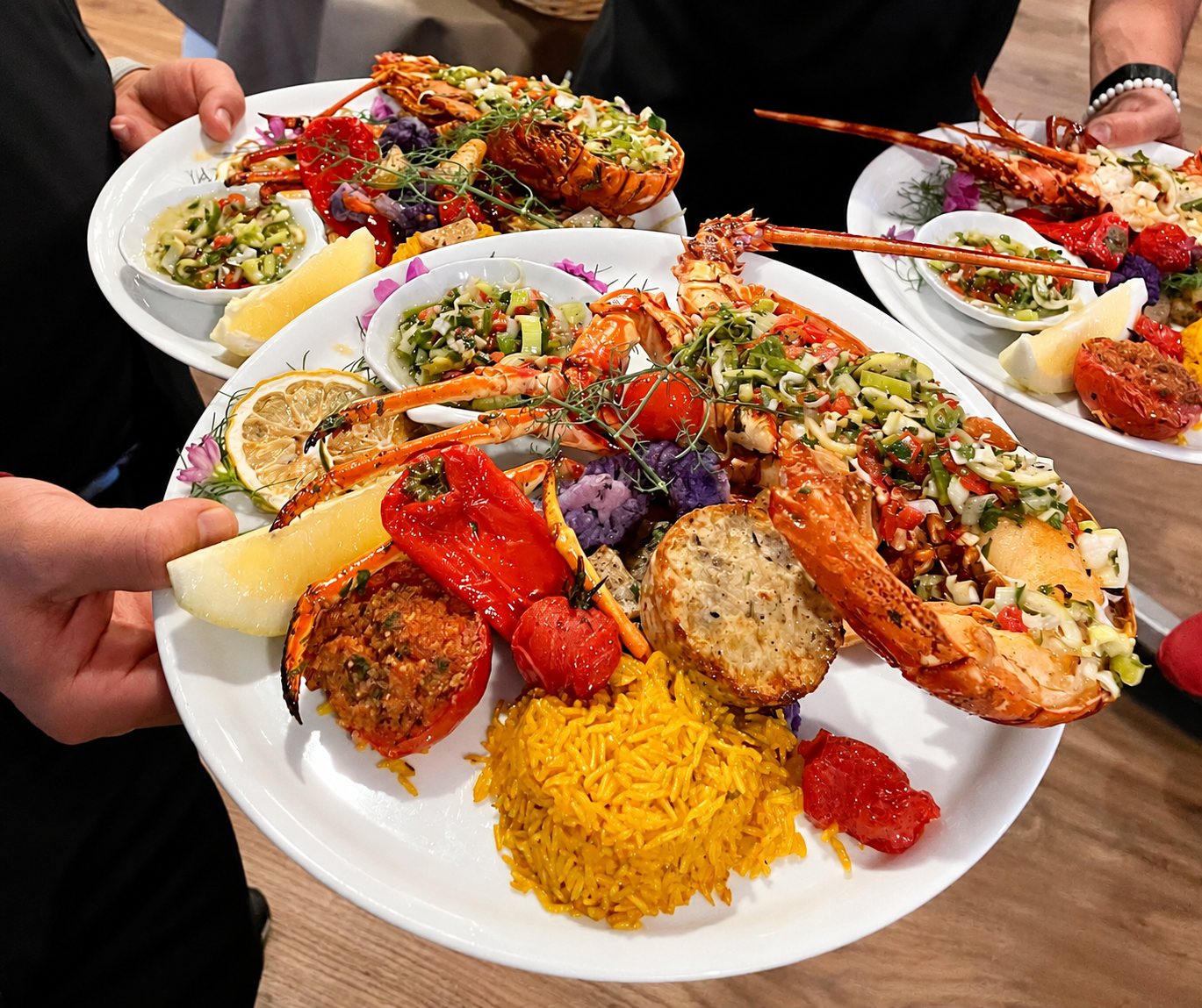 Des serveurs tiennent des grandes assiettes blanches garnies de langouste grillée, de riz safrané, de tomates farcies, de poivron rouge et de citron.