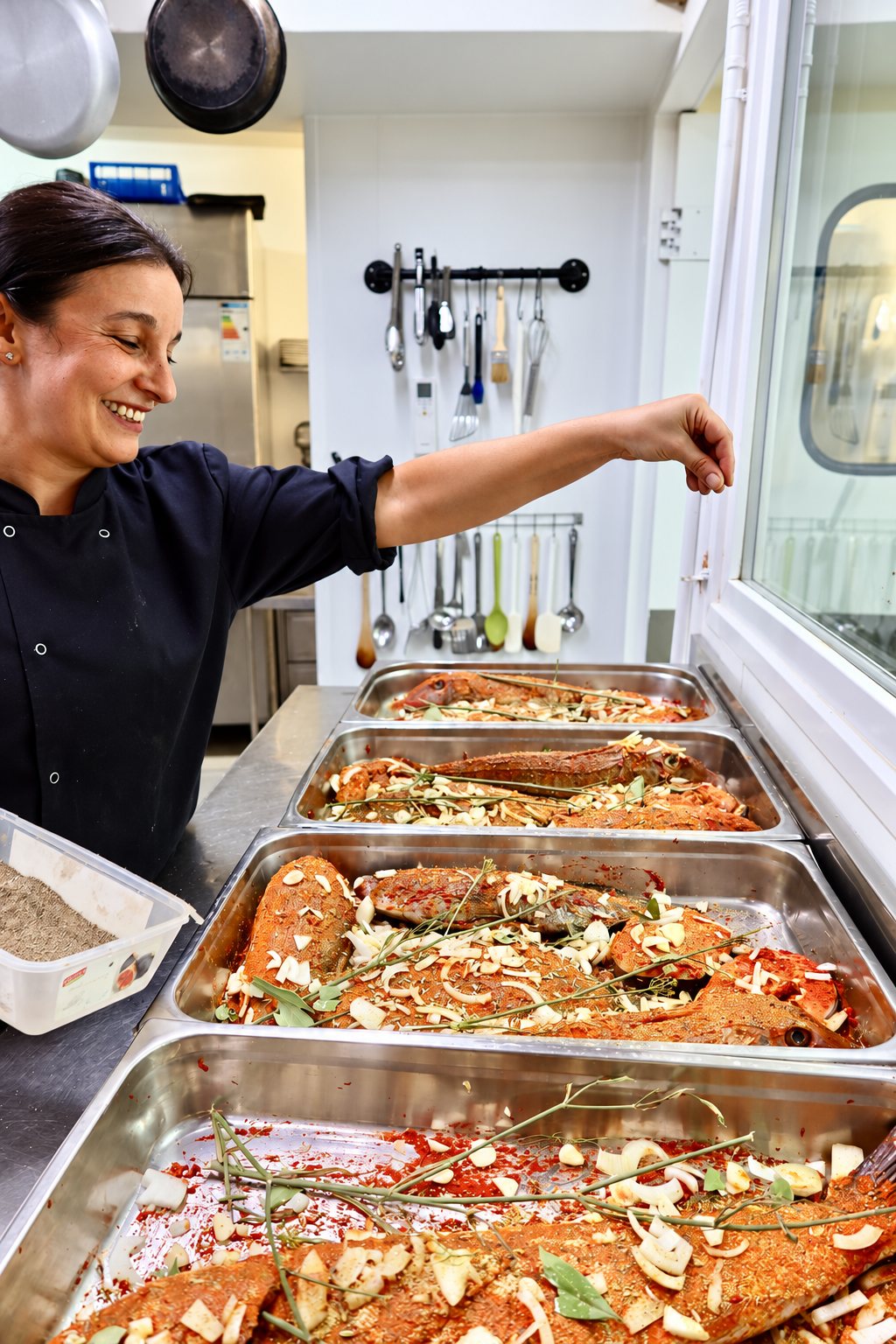 Une cuisinière en veste noire sourit en saupoudrant des épices sur des poissons garnis d'oignons et d'herbes, disposés dans des bacs en inox.