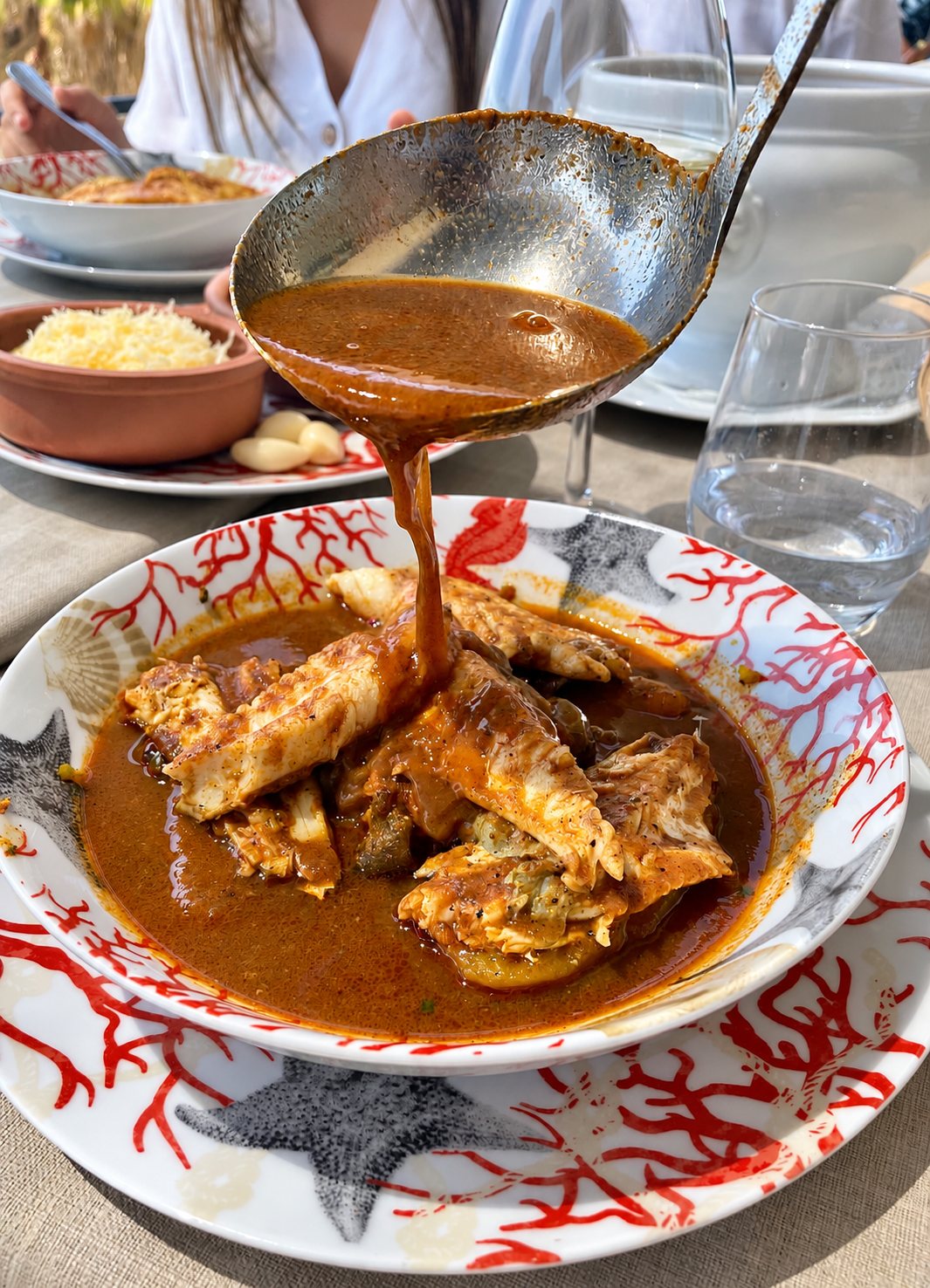 Une louche verse une soupe de poisson brune sur des morceaux de poisson dans une assiette creuse à motifs de corail rouge, posée sur une table avec du fromage râpé et de l'ail à l'arrière-plan.