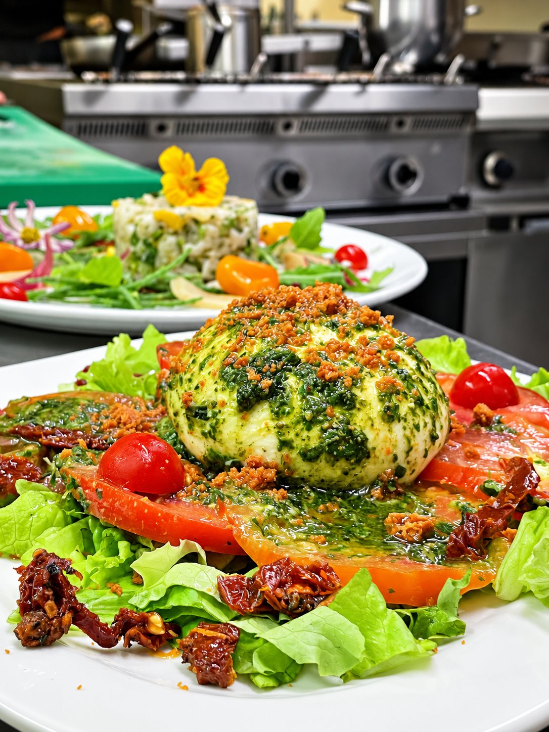 Une assiette de salade avec une burrata nappée de pesto, tranches de tomates, tomates cerises et tomates séchées, devant une seconde assiette fleurie dans une cuisine professionnelle.