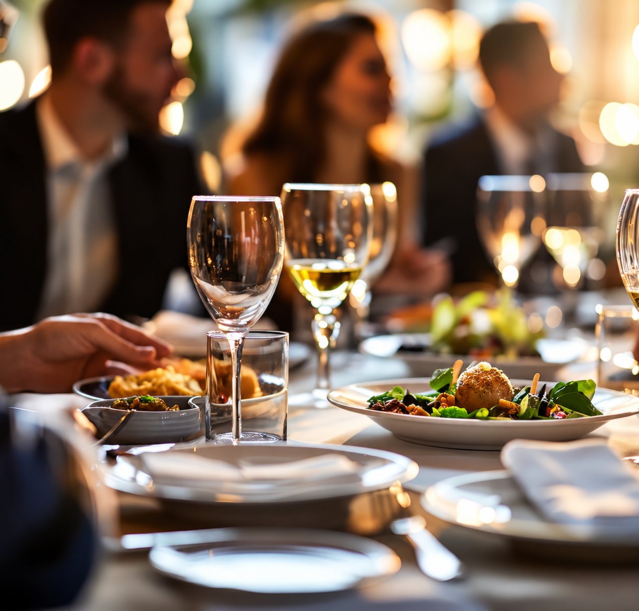Gros plan sur une table de restaurant avec des verres à vin, une salade et des assiettes, tandis que des convives dînent en arrière-plan flou.