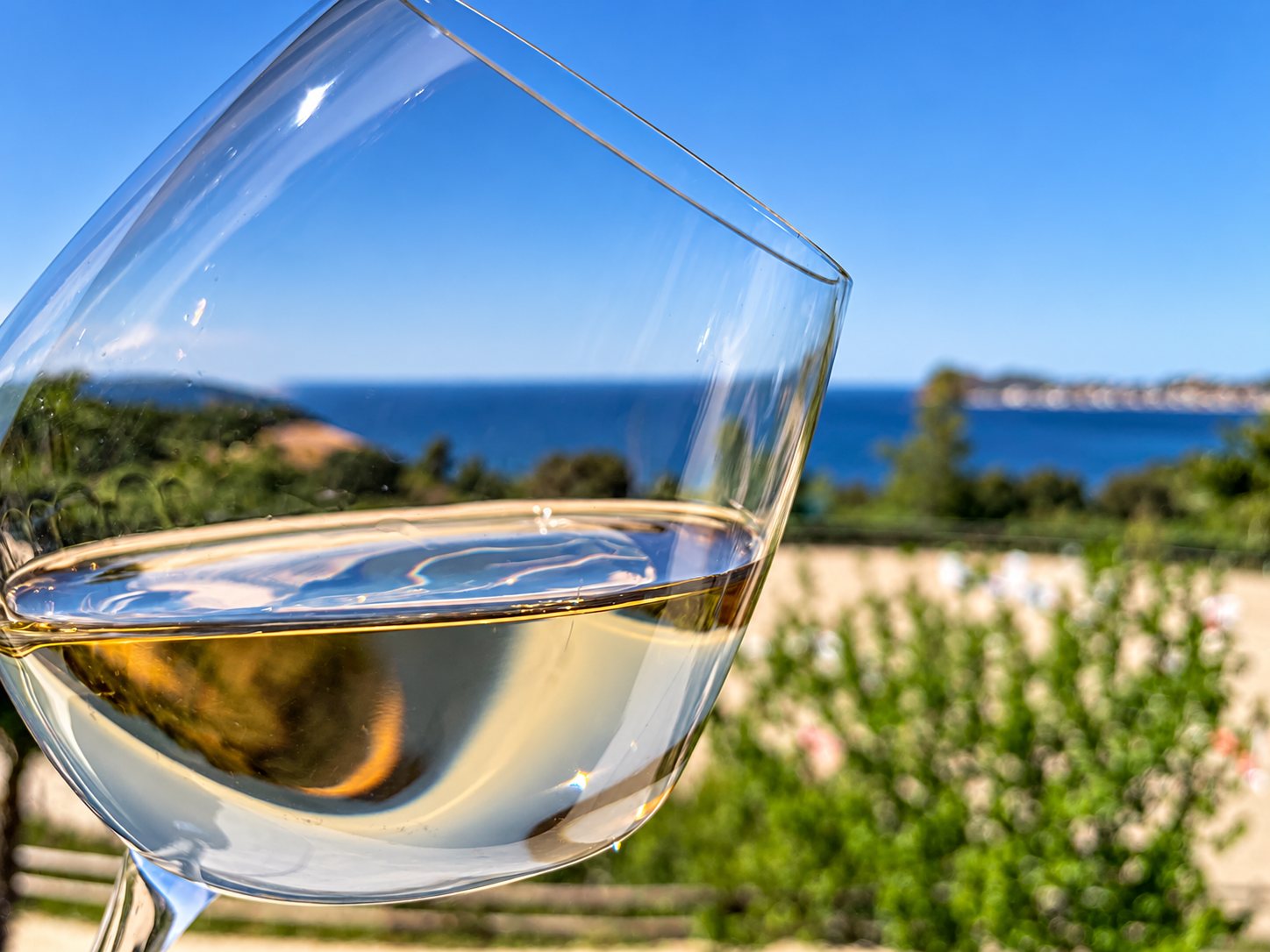 Gros plan sur un verre de vin rosé incliné, avec en arrière-plan la mer bleue, la végétation et un ciel dégagé.