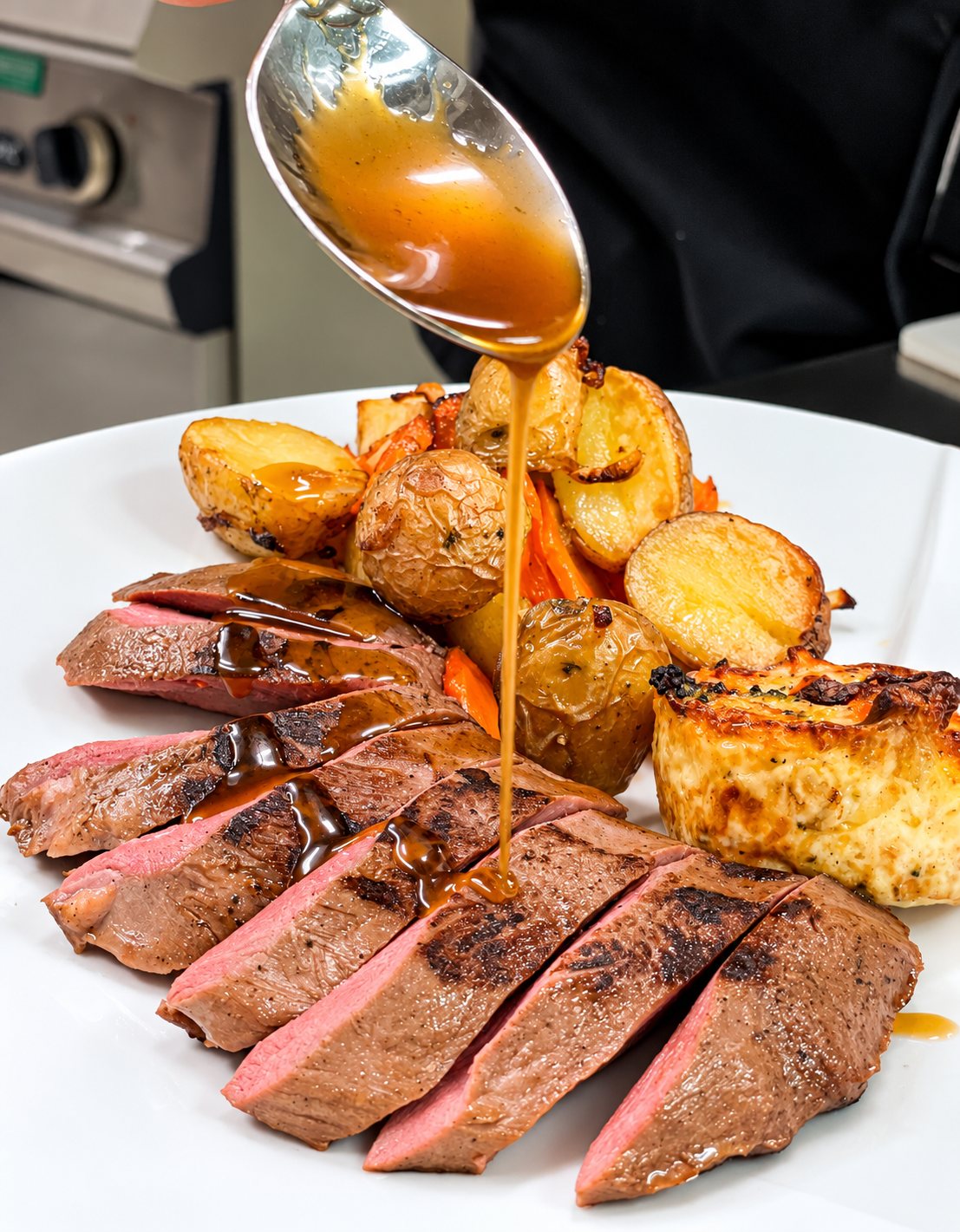 Une cuillère verse une sauce brune sur des tranches de viande grillée servies avec des pommes de terre grenaille, des carottes rôties et un petit flan gratiné.